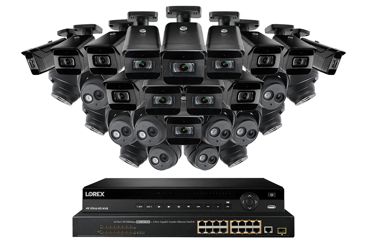 32 Channel Nocturnal IP Security Camera System featuring Fourteen 4K IP Cameras with Real-time 30FPS Recording and Fourteen 4K IP Audio Domes