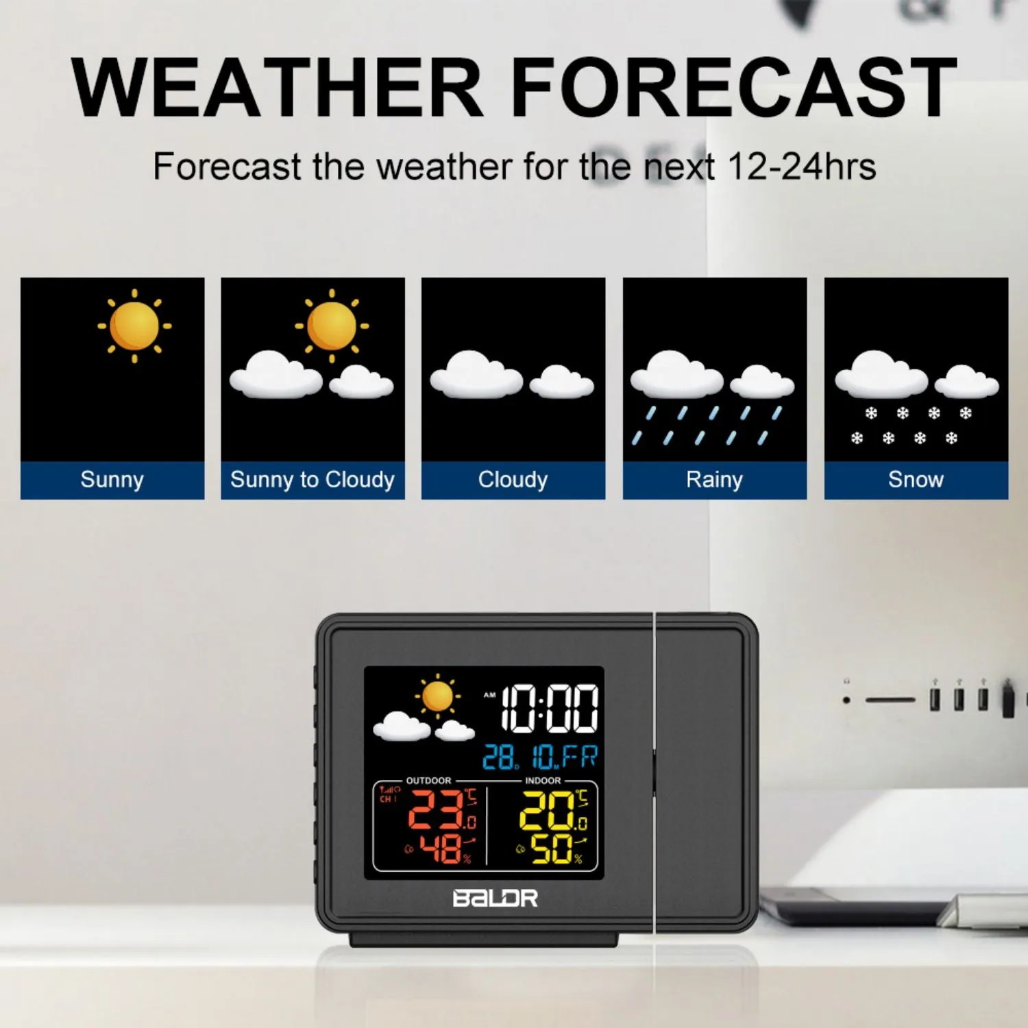 Baldr Atomic Alarm Clock with Projection Display, Indoor and Outdoor Temperature, Humidity Meter, Weather Forecasting, and more