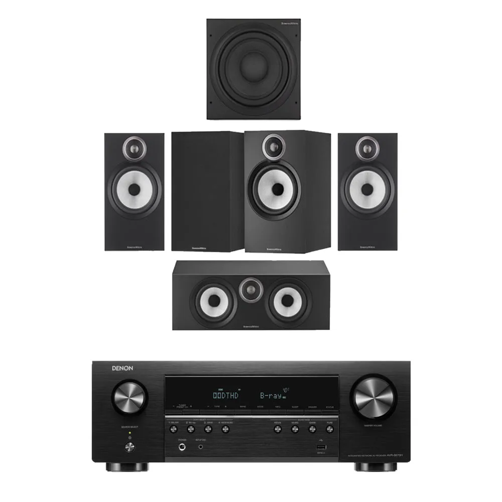 Denon AVRS670H 5.2 Ch 8K AV Receiver with Bowers and Wilkins 606 S3 5.1 Surround Sound Speaker Package Black