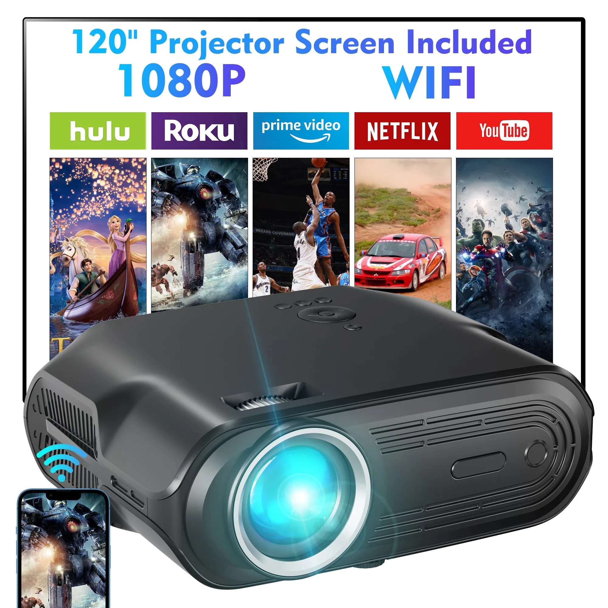 Doosl Portable WiFi Projector with 120" Foldable Projector Screen 1080P HD Supported LCD Projector