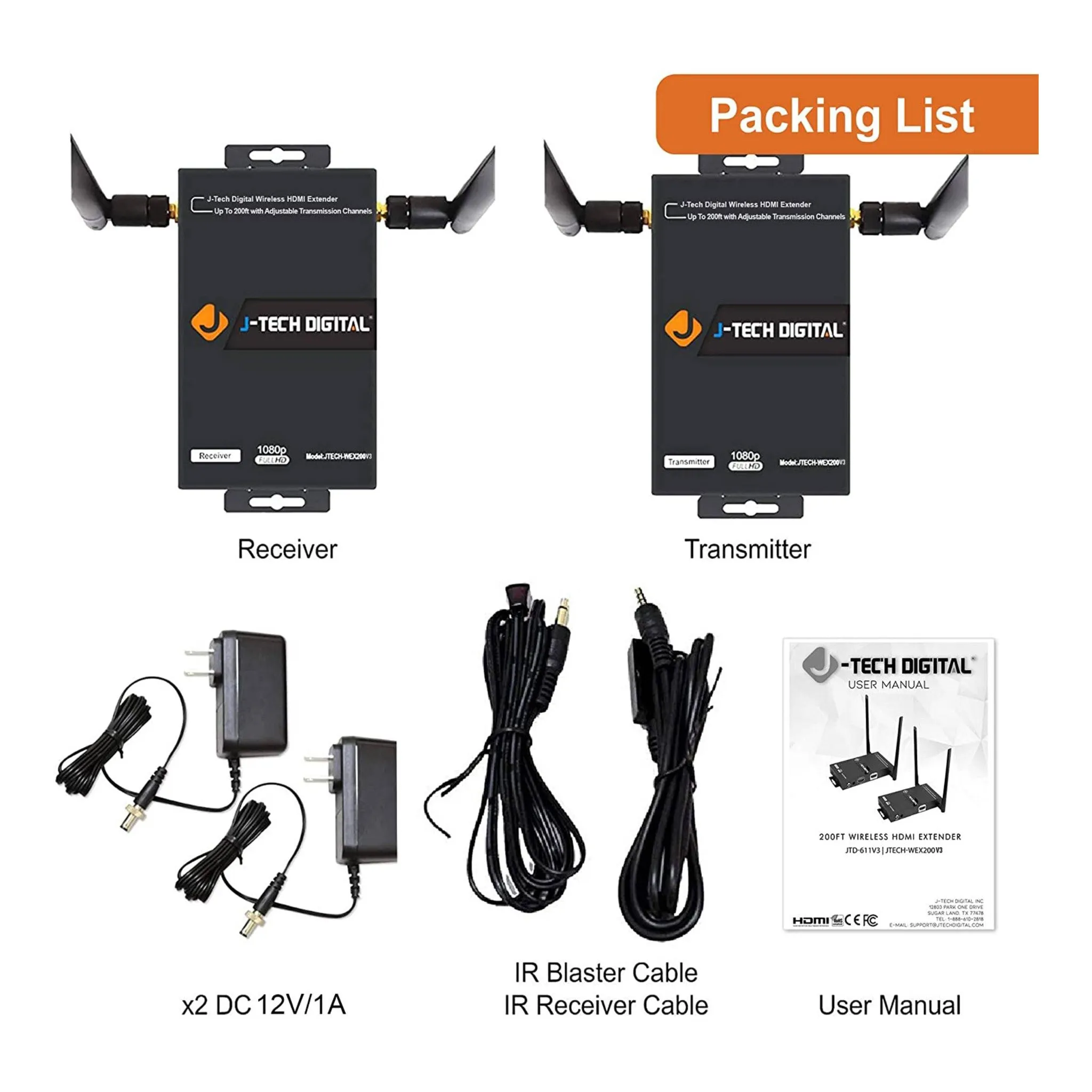 J-Tech Digital JTECH-WEX200V3 1X2 1080p Wireless HDMI Extender Kit