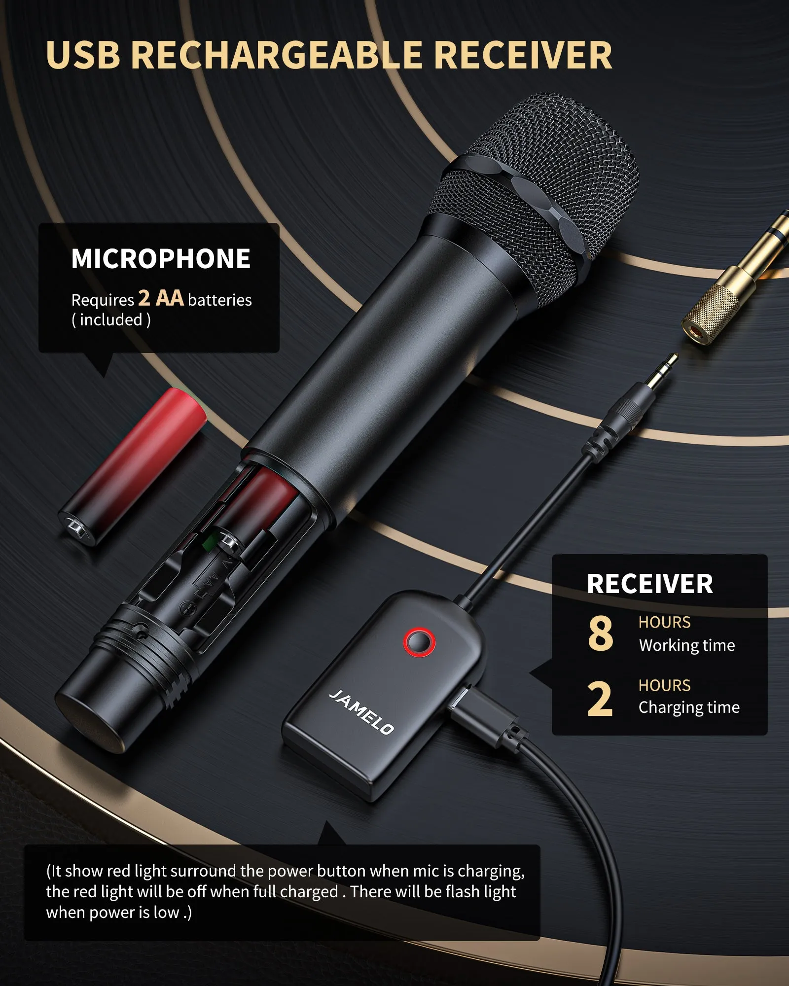 JAMELO 2.4GHz Wireless Microphone Dual Handheld Dynamic Mics