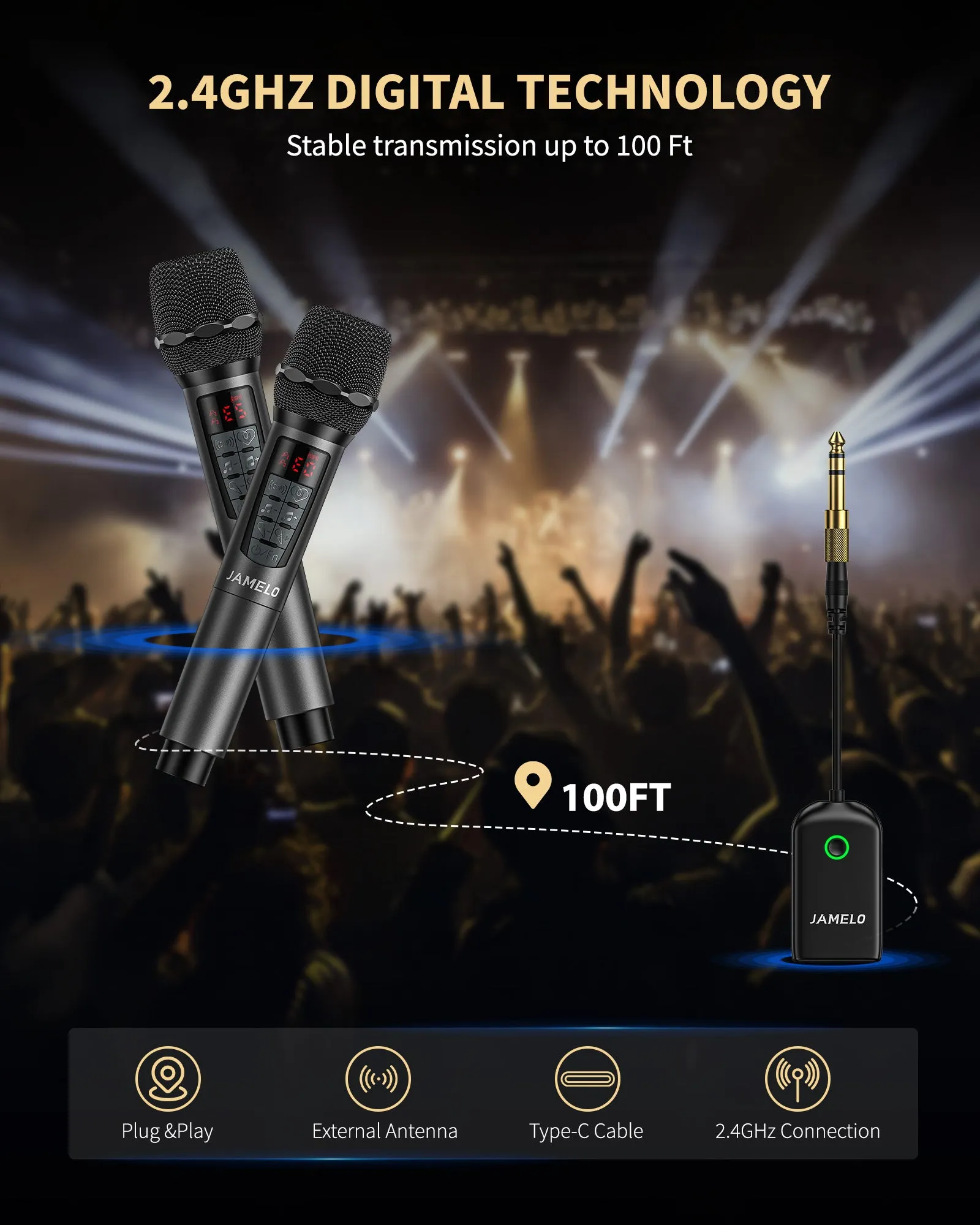 JAMELO 2.4GHz Wireless Microphone Dual Handheld Dynamic Mics