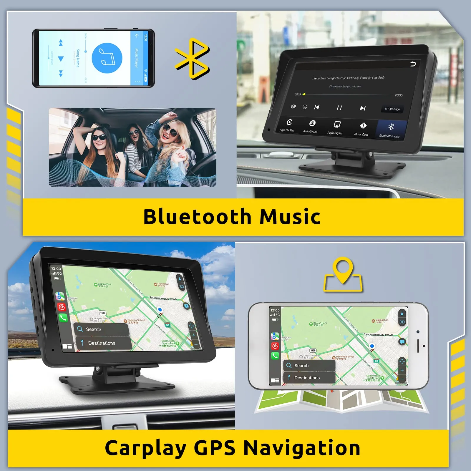 Podofo Portable Car Stereo Wireless Apple Carplay Android Auto,7 Inch Touch Screen Car Radio with Bluetooth Hands-Free/Mirror Link/Maps Navigation/Voice Control/TF Card/AUX,for Cars, Trucks, SUVs