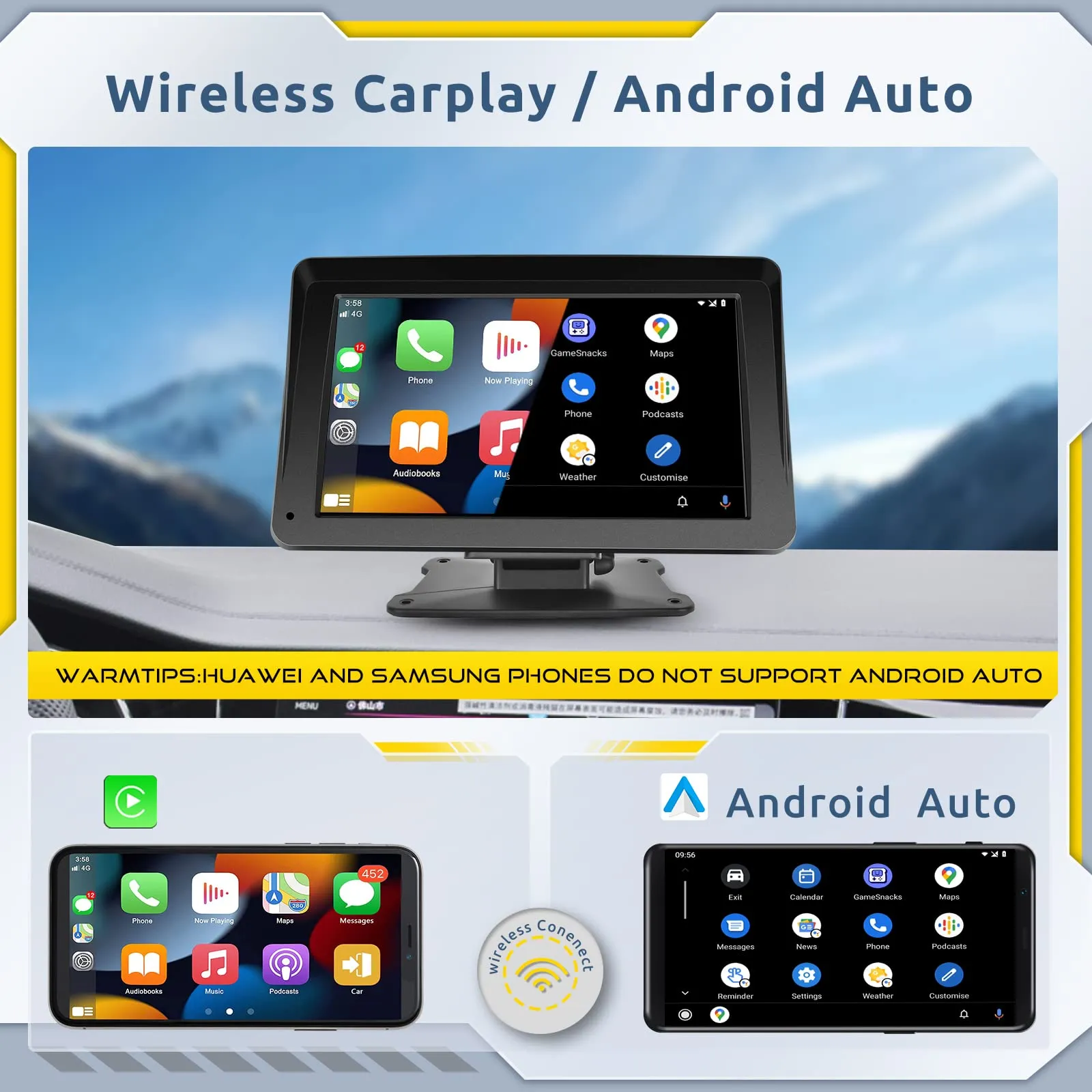 Podofo Portable Car Stereo Wireless Apple Carplay Android Auto,7 Inch Touch Screen Car Radio with Bluetooth Hands-Free/Mirror Link/Maps Navigation/Voice Control/TF Card/AUX,for Cars, Trucks, SUVs