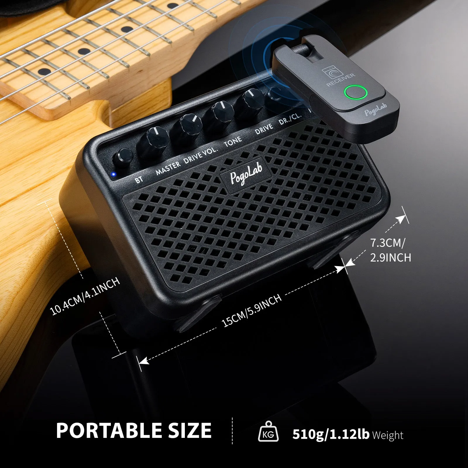 POGOLAB Mini Guitar Amp 5W Clean&Drive Effects 2 Channels Bluetooth w/ Headphone Jack