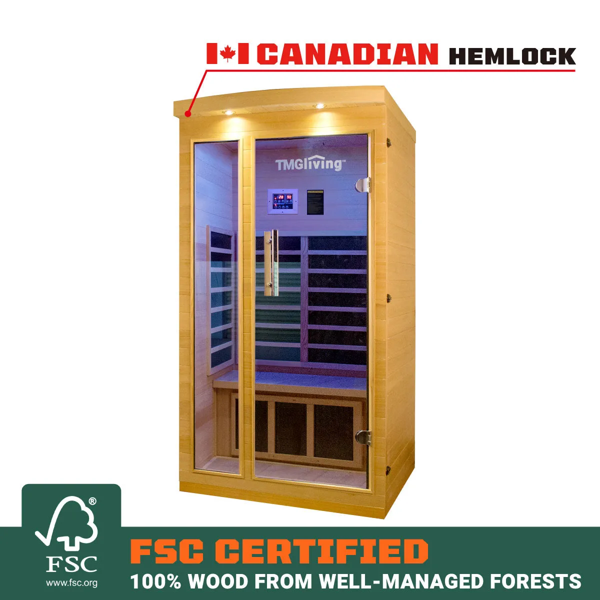 TMG LIVING 1-2 Person Indoor FAR Infrared Sauna Room, Natural Canadian Hemlock, Bluetooth Speakers, Tempered Glass Door, TMG-LSN10