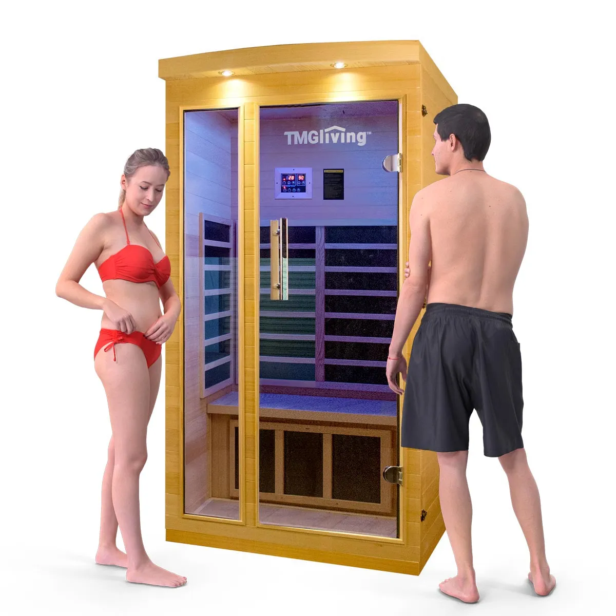 TMG LIVING 1-2 Person Indoor FAR Infrared Sauna Room, Natural Canadian Hemlock, Bluetooth Speakers, Tempered Glass Door, TMG-LSN10