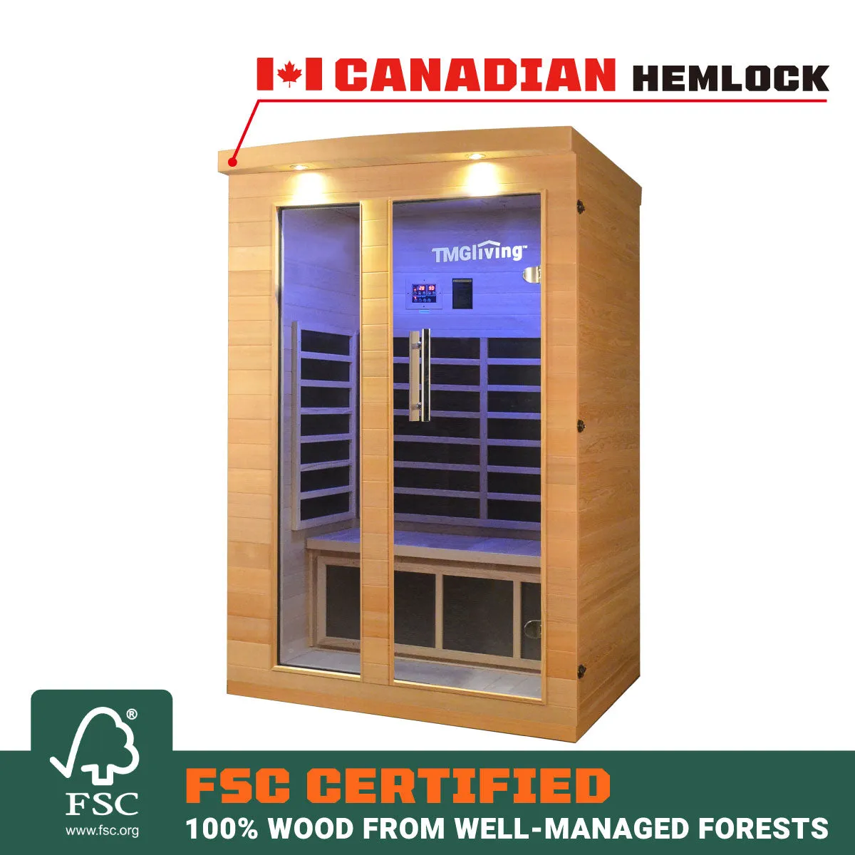 TMG LIVING 2 Person Indoor FAR Infrared Sauna Room, Natural Canadian Hemlock, Bluetooth Speakers, Tempered Glass Door, TMG-LSN20