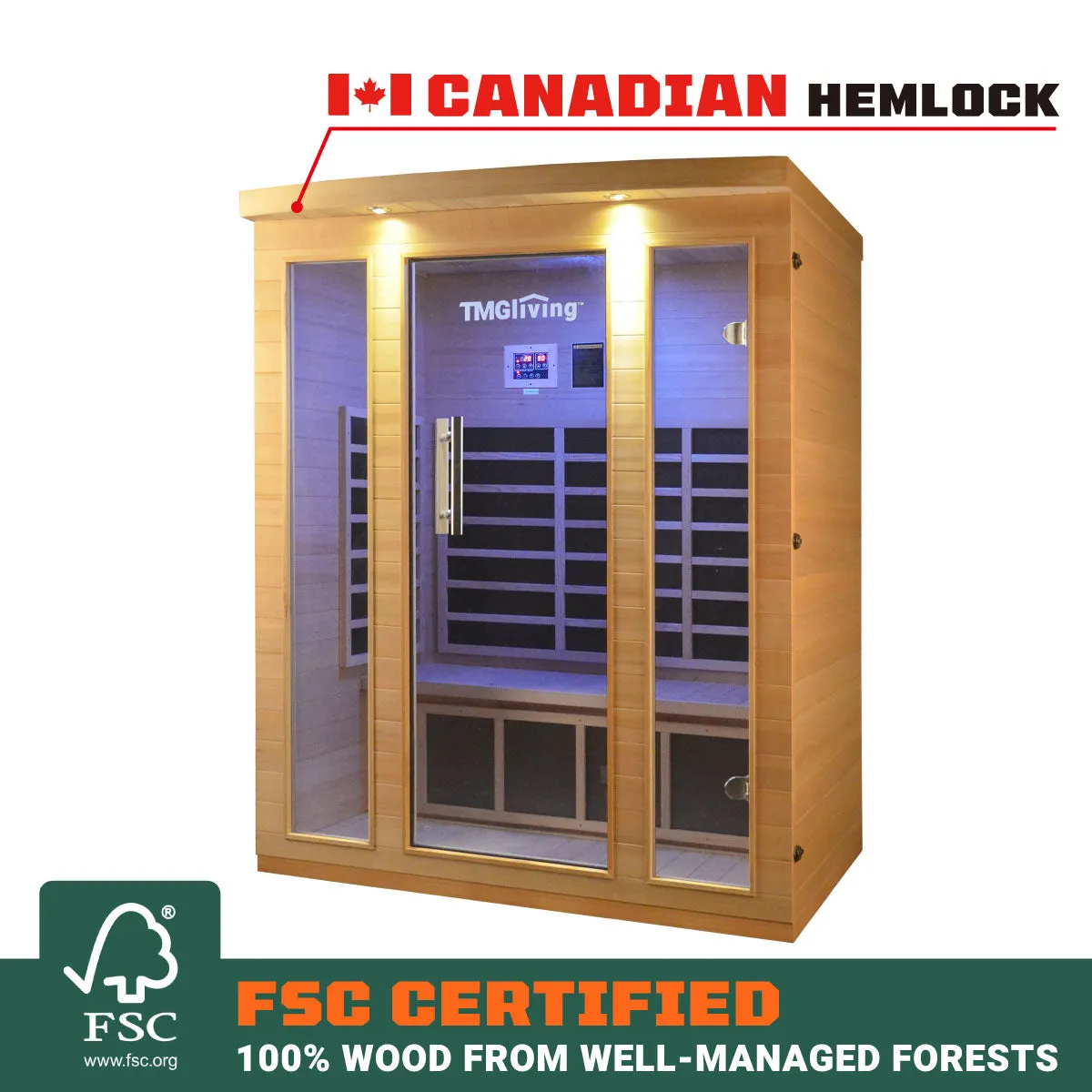 TMG LIVING 3 Person Indoor FAR Infrared Sauna Room, Natural Canadian Hemlock, Bluetooth Speakers, Tempered Glass Door, TMG-LSN30