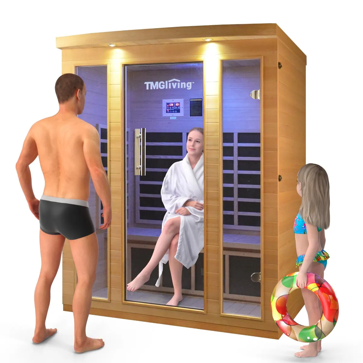 TMG LIVING 3 Person Indoor FAR Infrared Sauna Room, Natural Canadian Hemlock, Bluetooth Speakers, Tempered Glass Door, TMG-LSN30